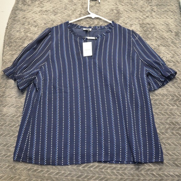 J.Crew Tops - J.Crew Split Neck Blouse L Navy Blue New Dotted Stripe Ruffle Puff Sleeve (1829)